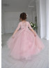 Elbow Sleeve Blush Pink Lace Tulle Flower Girl Dress Elbow Sleeve Blush Pink Lace Tulle Flower Girl Dress